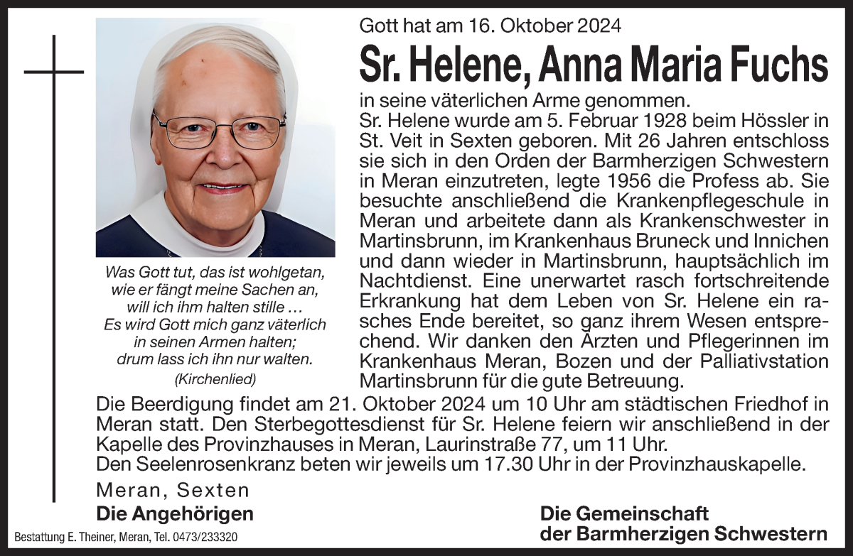  Traueranzeige für Anna Maria, Sr. Helene Fuchs vom 18.10.2024 aus Dolomiten