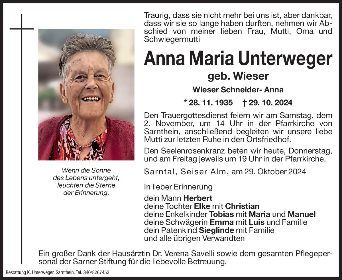  Traueranzeige für Anna Maria Unterweger vom 31.10.2024 aus Dolomiten