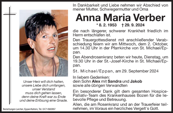 Traueranzeige von Anna Maria Verber von Dolomiten