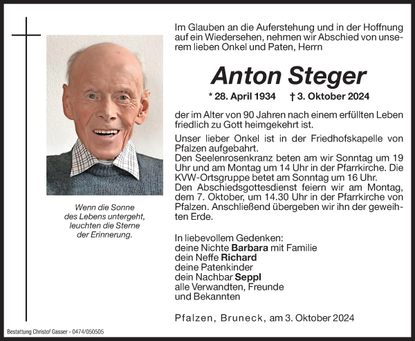 Traueranzeige von Anton Steger von Dolomiten