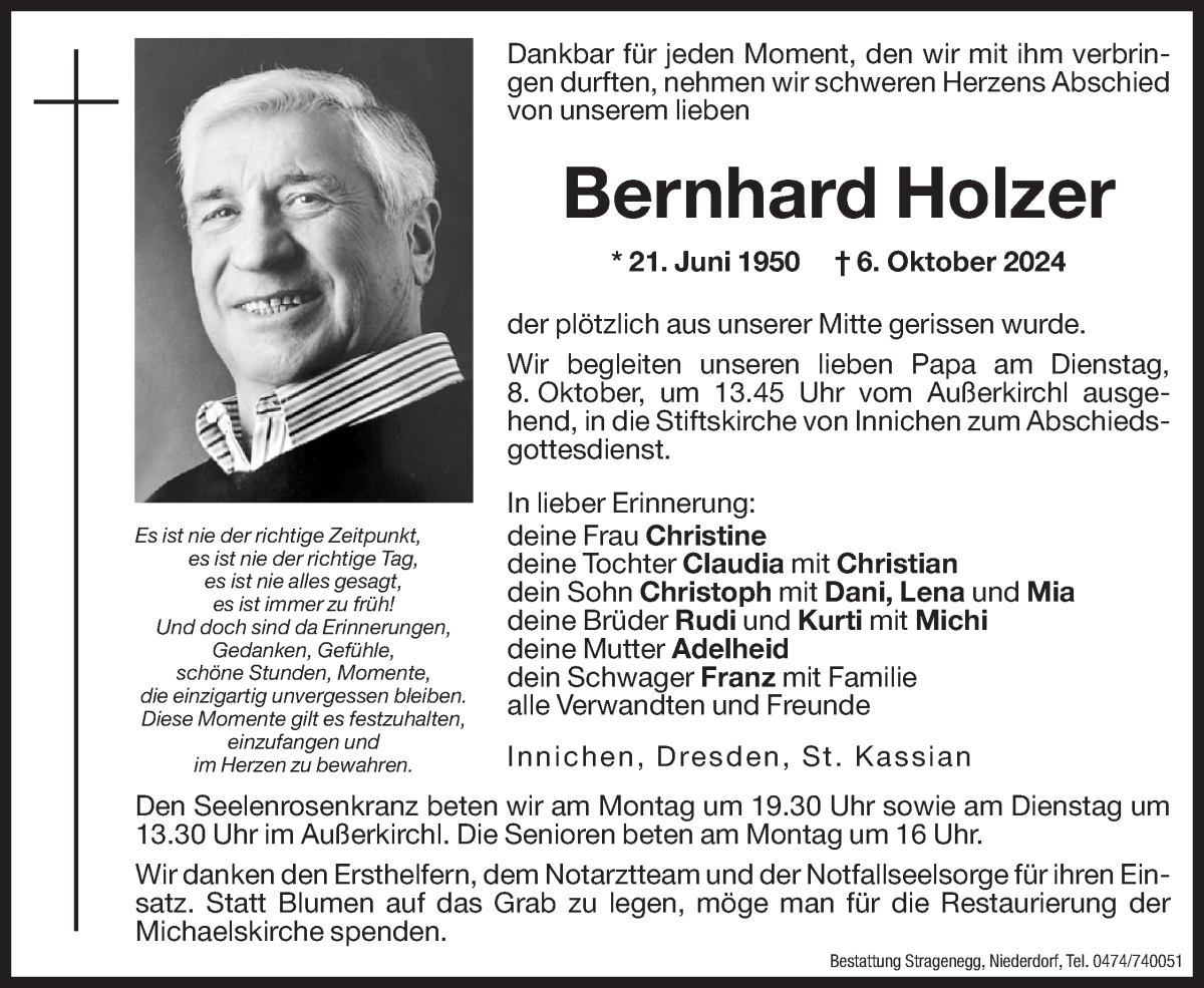  Traueranzeige für Bernhard Holzer vom 07.10.2024 aus Dolomiten