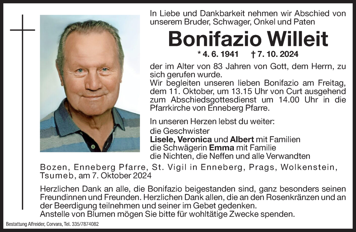  Traueranzeige für Bonifazio Willeit vom 09.10.2024 aus Dolomiten