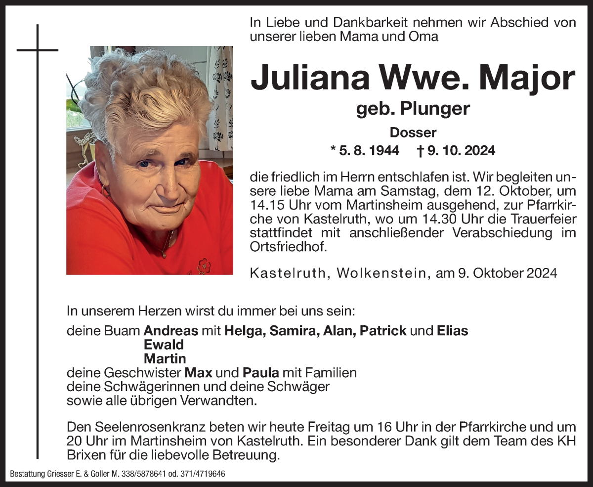  Traueranzeige für Juliana Major vom 11.10.2024 aus Dolomiten