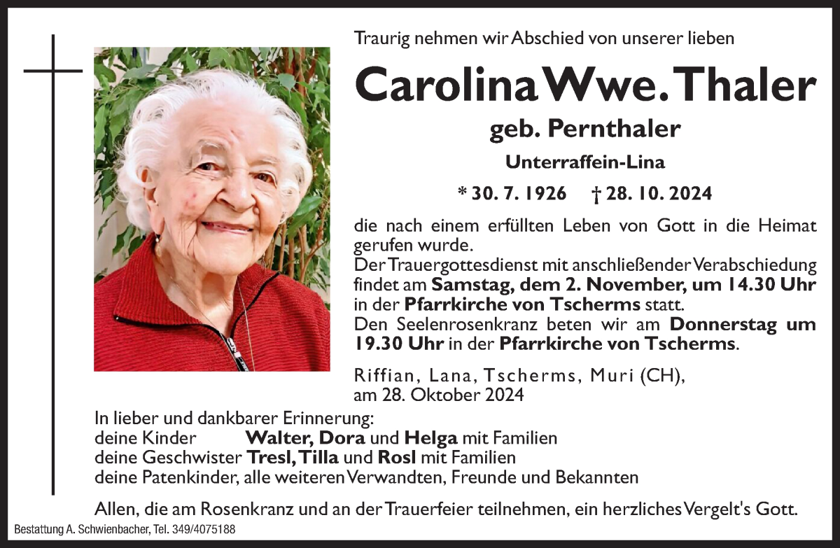  Traueranzeige für Carolina Thaler vom 30.10.2024 aus Dolomiten