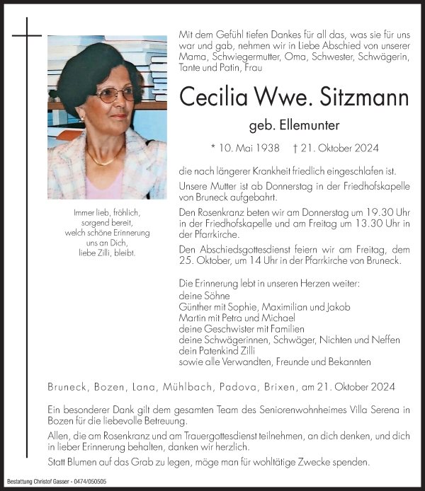 Traueranzeige von Cecilia Sitzmann von Dolomiten