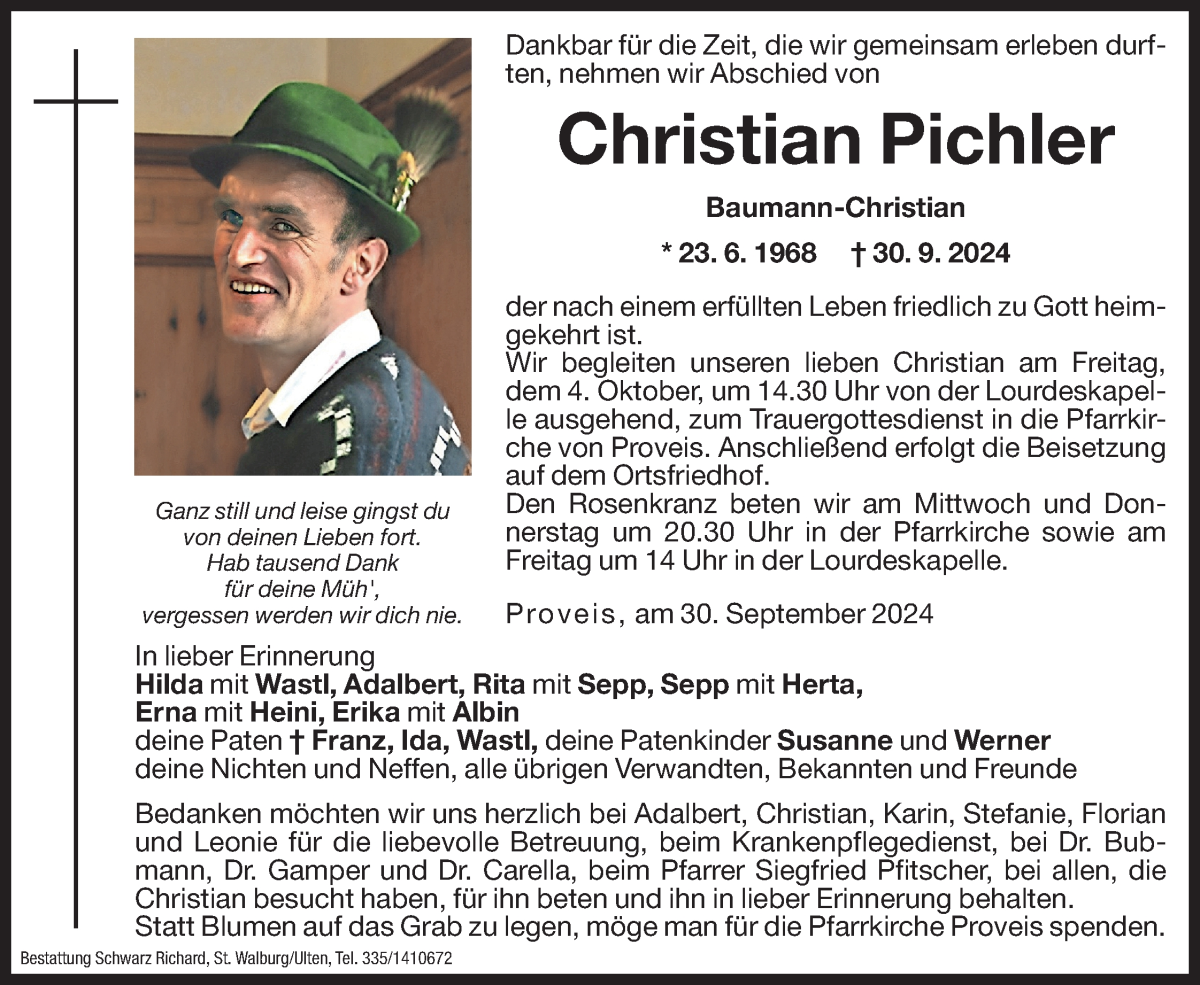  Traueranzeige für Christian Pichler vom 02.10.2024 aus Dolomiten