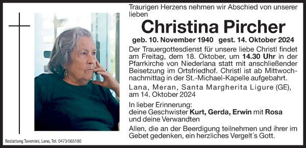Traueranzeige von Christina Pircher von Dolomiten
