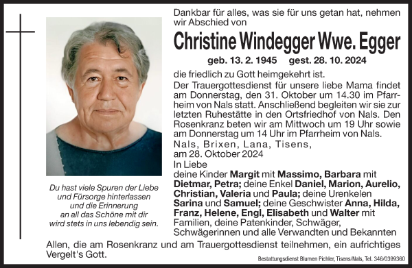 Traueranzeige von Christine Egger von Dolomiten