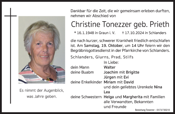 Traueranzeige von Christine Tonezzer von Dolomiten