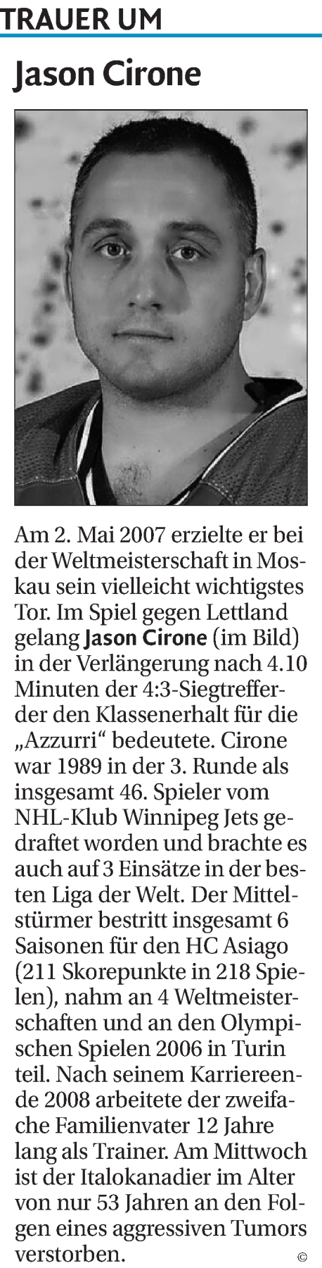  Traueranzeige für Jason Cirone vom 04.09.2024 aus Dolomiten