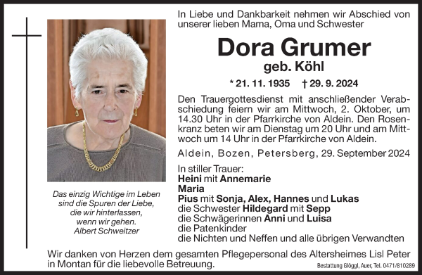 Traueranzeige von Dora Grumer von Dolomiten