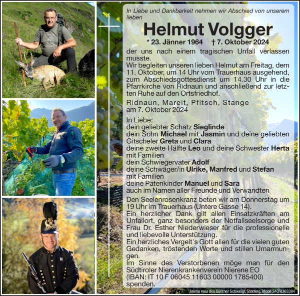 Traueranzeige von Helmut Volgger von Dolomiten