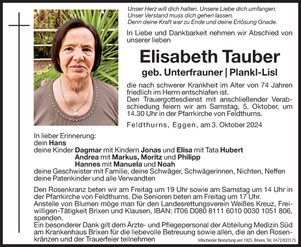 Traueranzeige von Elisabeth Tauber von Dolomiten