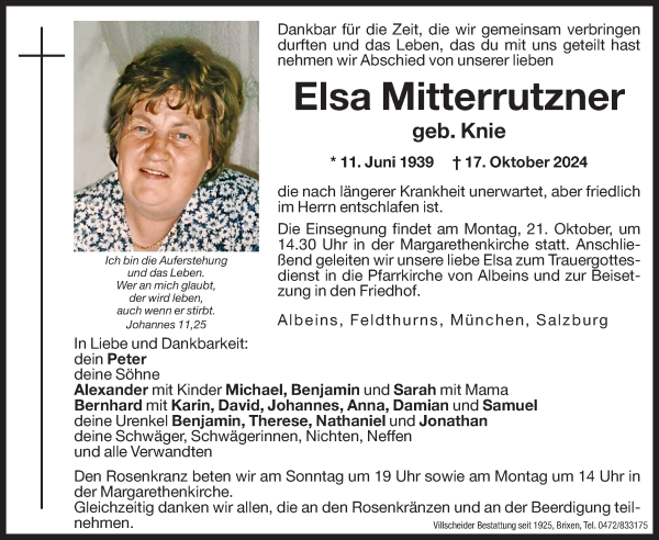 Traueranzeige von Elsa Mitterrutzner von Dolomiten