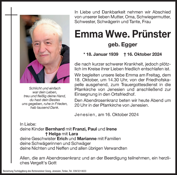 Traueranzeige von Emma Prünster von Dolomiten