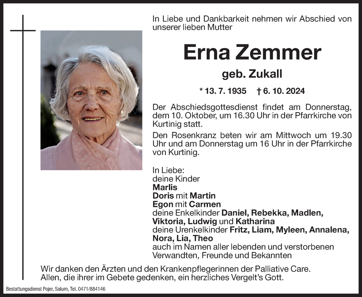  Traueranzeige für Erna Zemmer vom 08.10.2024 aus Dolomiten