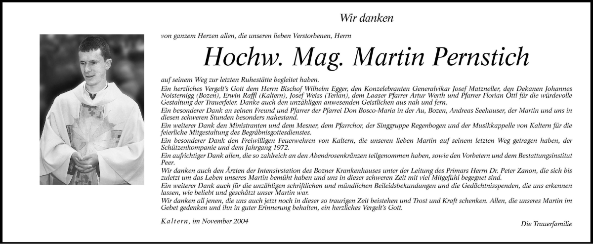  Traueranzeige für Martin Pernstich vom 04.11.2004 aus Dolomiten