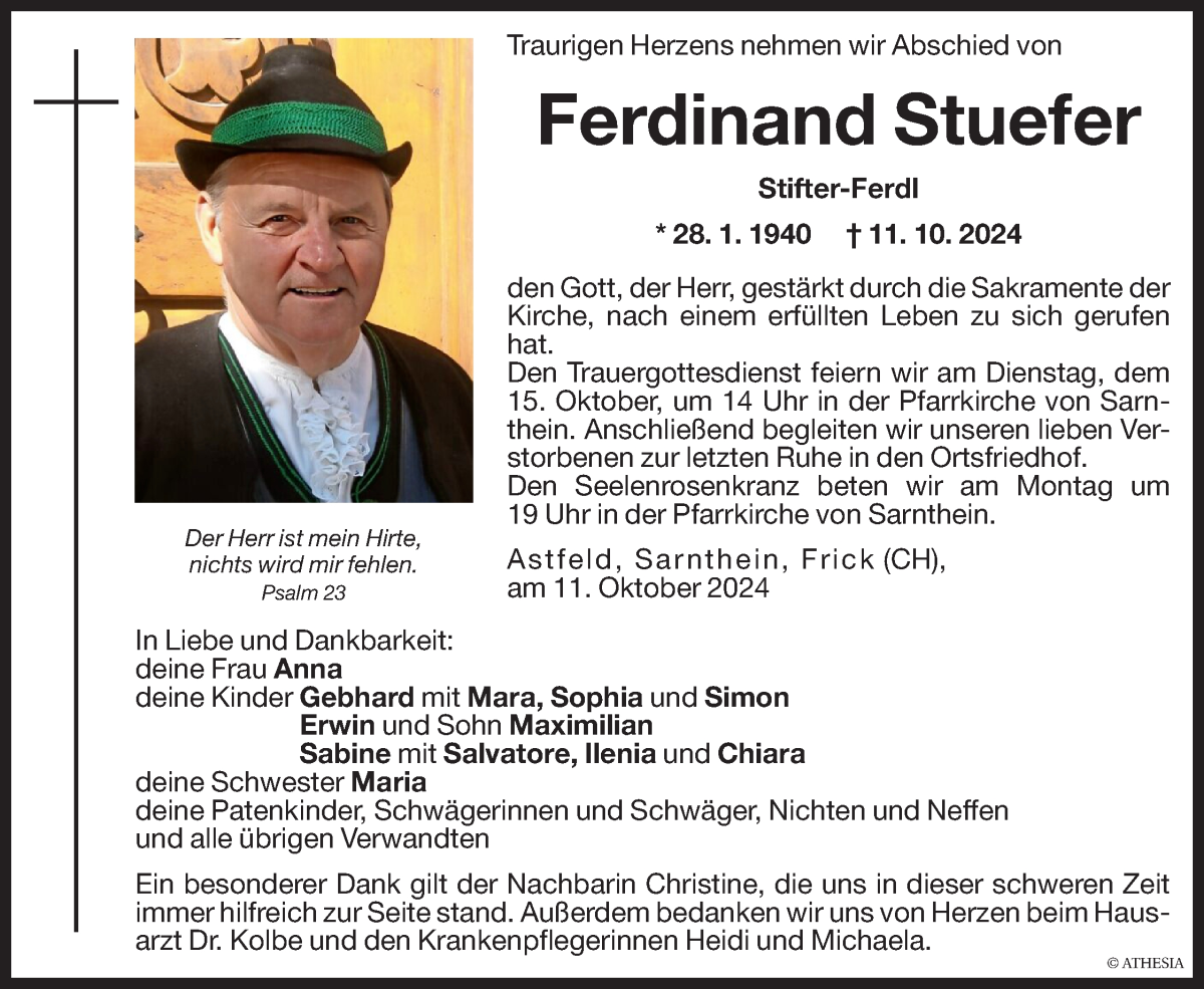  Traueranzeige für Ferdinand Stuefer vom 14.10.2024 aus Dolomiten