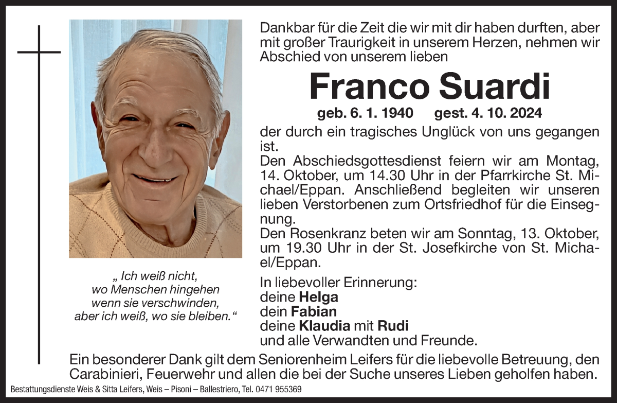  Traueranzeige für Franco Saurdi vom 11.10.2024 aus Dolomiten