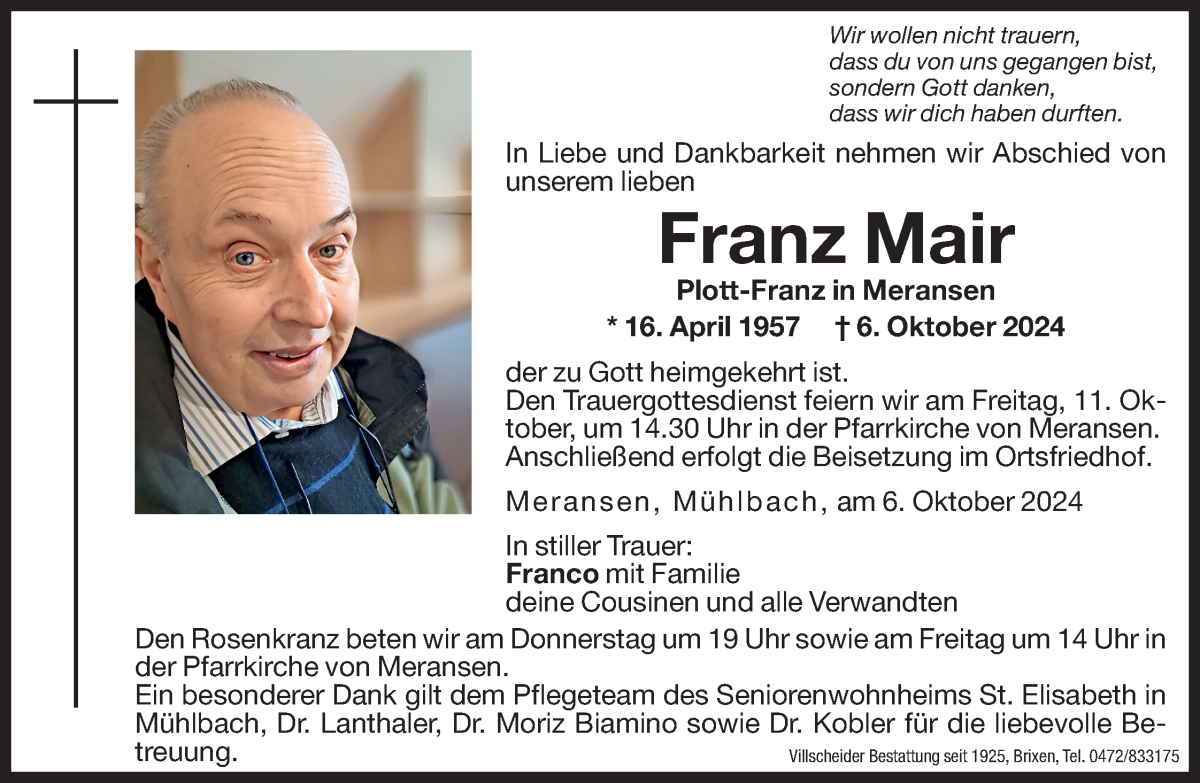  Traueranzeige für Franz Mair vom 09.10.2024 aus Dolomiten