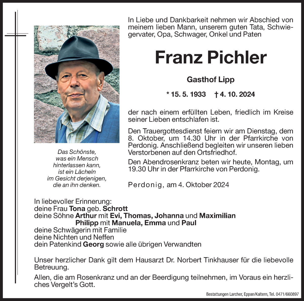  Traueranzeige für Franz Pichler vom 07.10.2024 aus Dolomiten