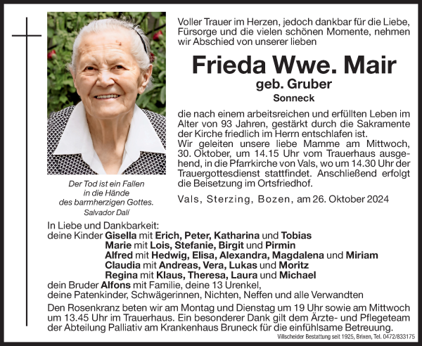 Traueranzeige von Frieda Mair von Dolomiten