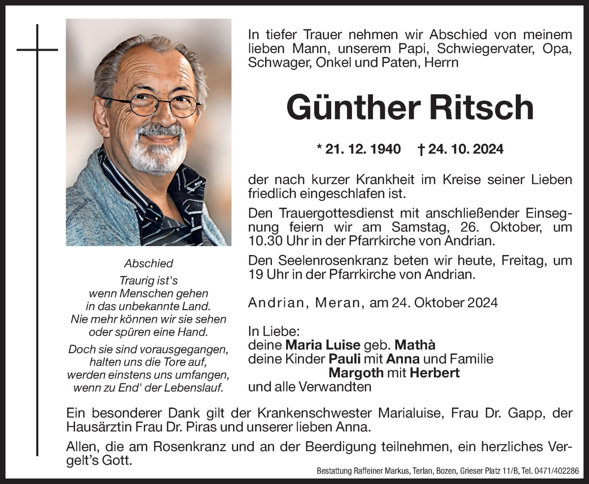  Traueranzeige für Günther Ritsch vom 25.10.2024 aus Dolomiten