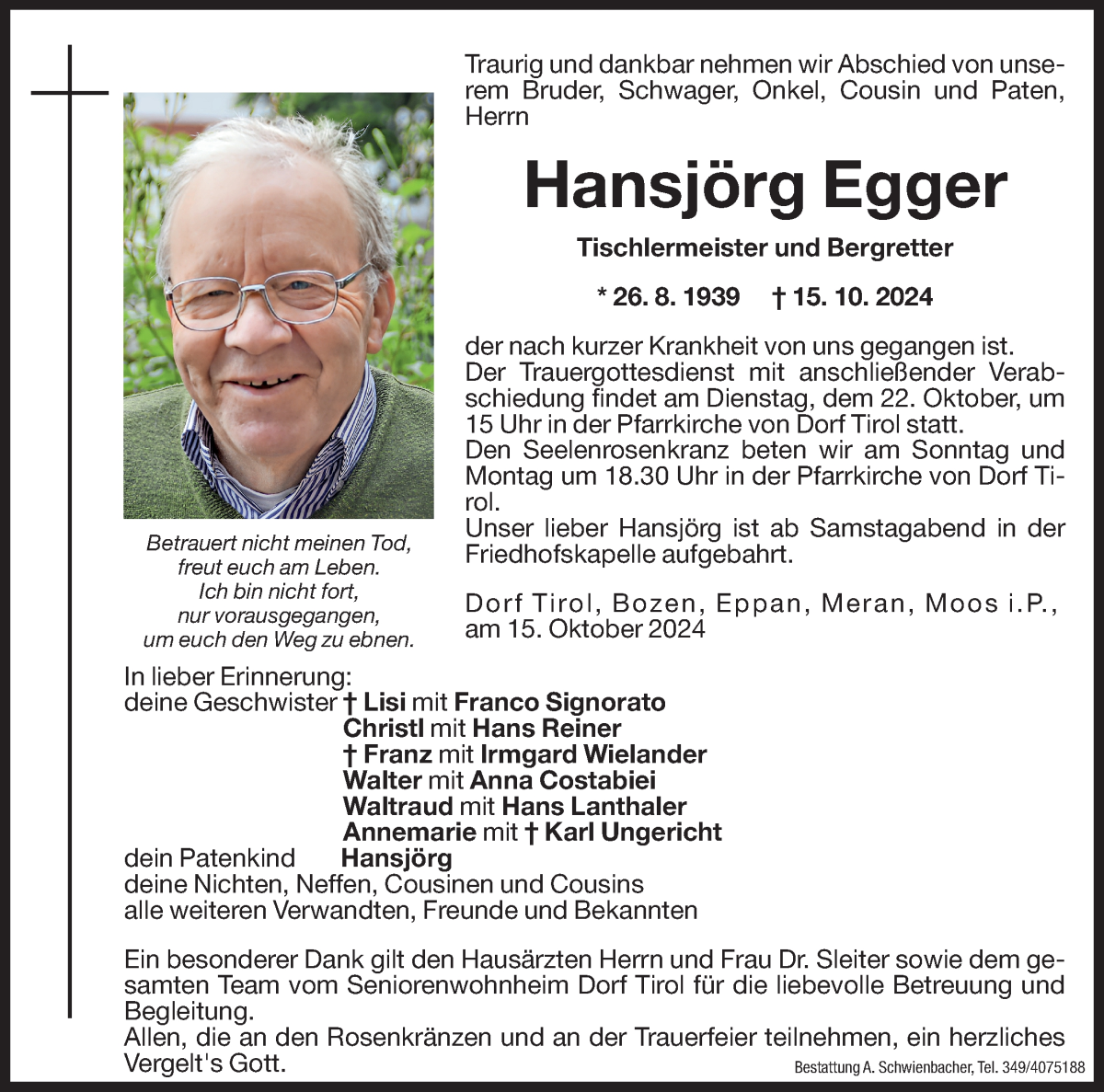  Traueranzeige für Hansjörg Egger vom 18.10.2024 aus Dolomiten