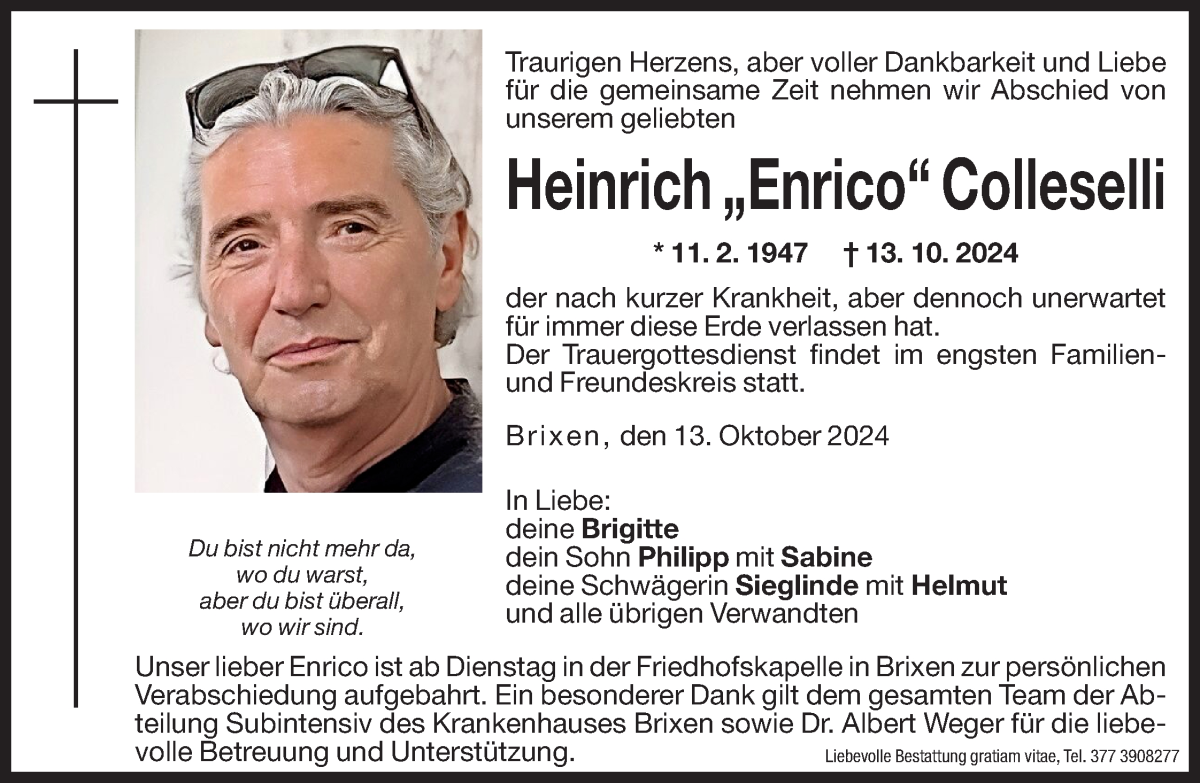  Traueranzeige für Heinrich Colleselli vom 14.10.2024 aus Dolomiten