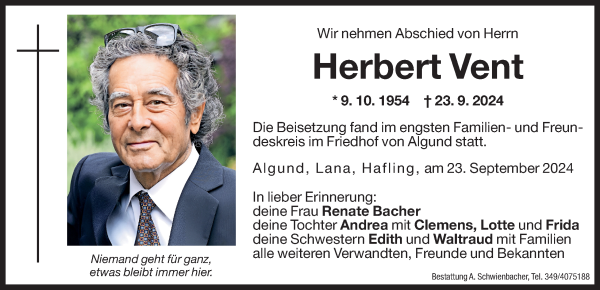 Traueranzeige von Herbert Vent von Dolomiten