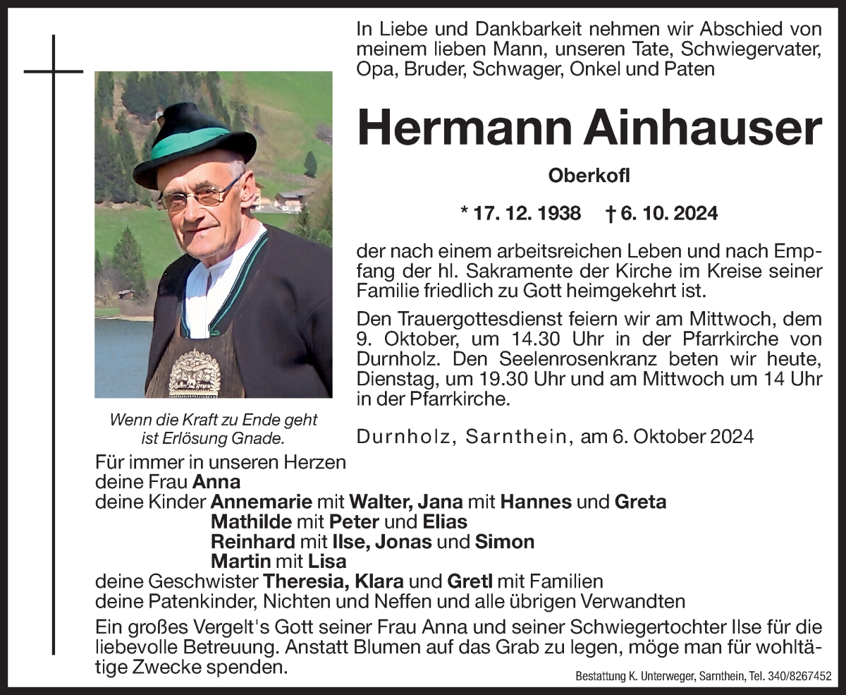  Traueranzeige für Hermann Ainhauser vom 08.10.2024 aus Dolomiten