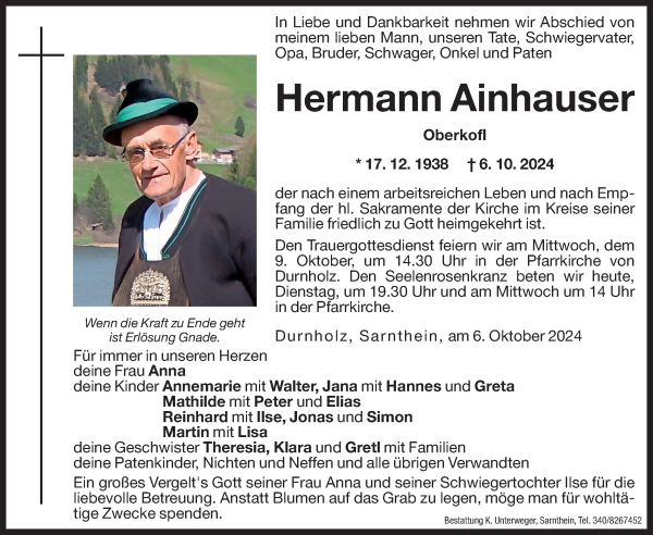 Traueranzeige von Hermann Ainhauser von Dolomiten