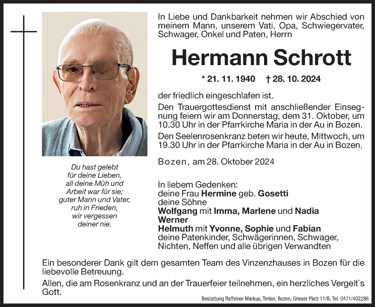  Traueranzeige für Hermann Schrott vom 30.10.2024 aus Dolomiten