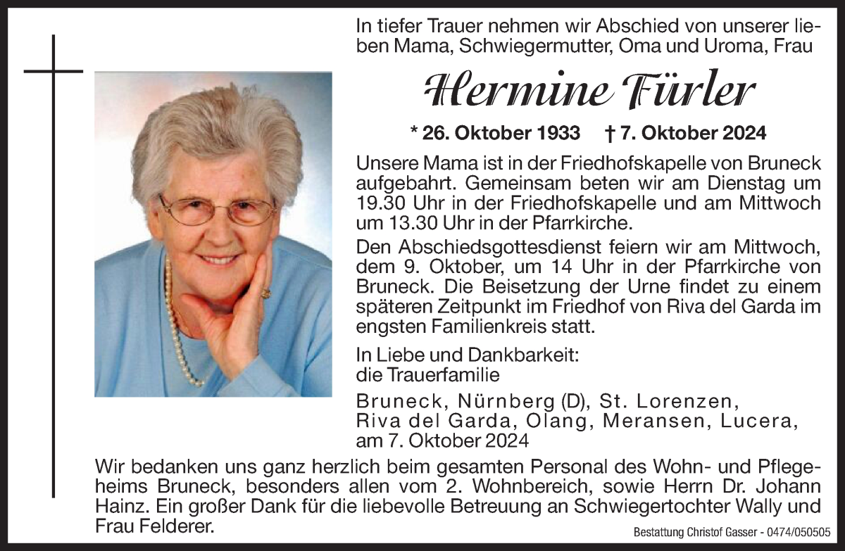  Traueranzeige für Hermine Fürler vom 08.10.2024 aus Dolomiten