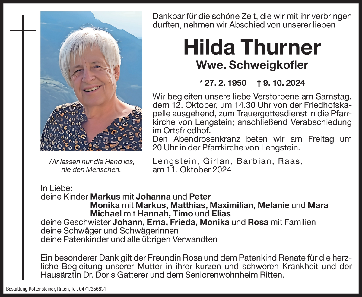  Traueranzeige für Hilda Schweigkofler vom 11.10.2024 aus Dolomiten