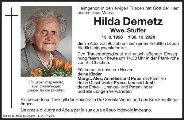 Traueranzeige von Hilda Stuffer von Dolomiten