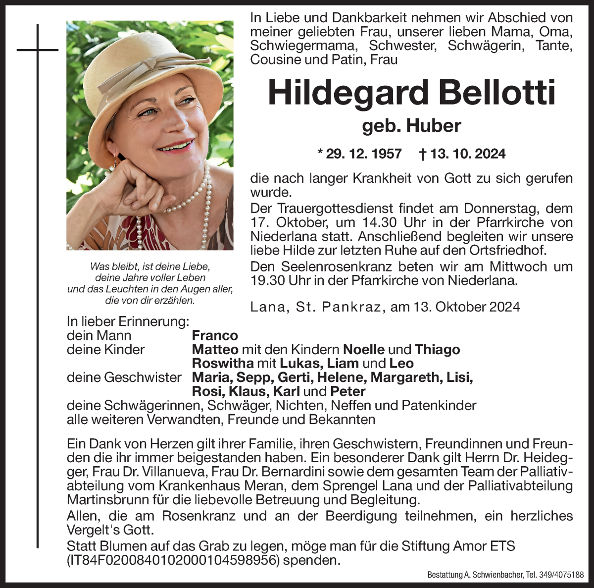  Traueranzeige für Hildegard Bellotti vom 15.10.2024 aus Dolomiten