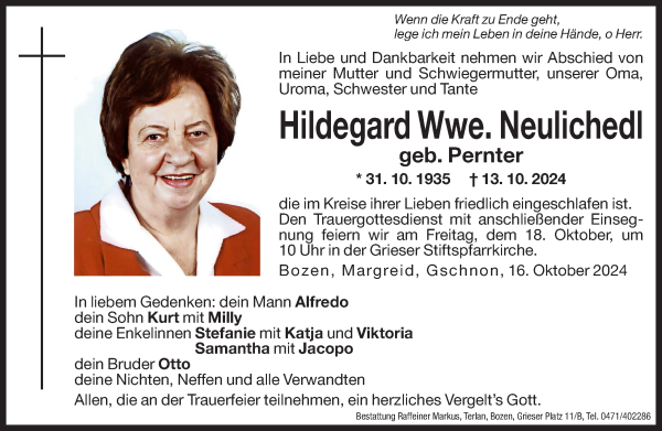 Traueranzeige von Hildegard Wwe. Neulichedl von Dolomiten