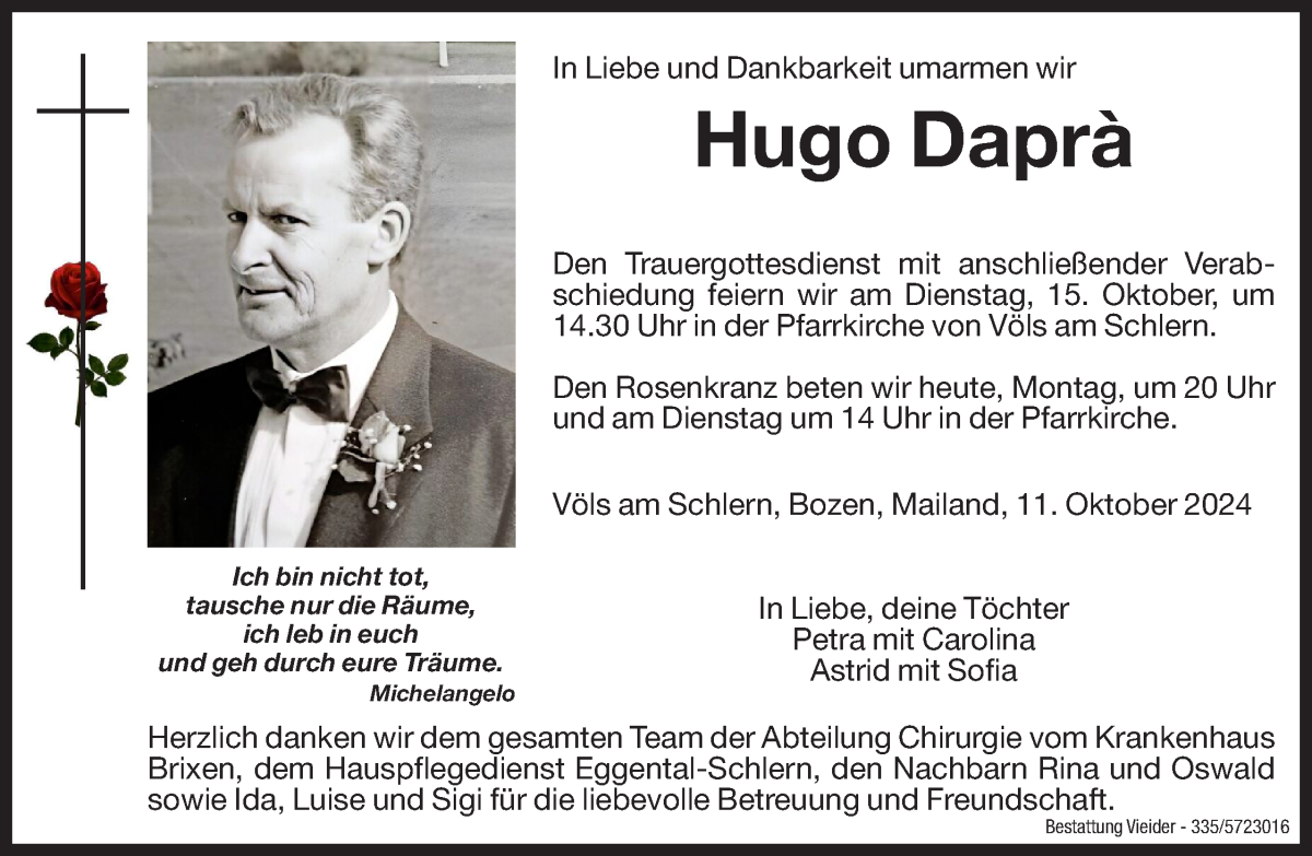  Traueranzeige für Hugo Dapra vom 14.10.2024 aus Dolomiten