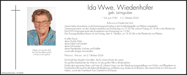 Traueranzeige von Ida Wiedenhofer von Dolomiten