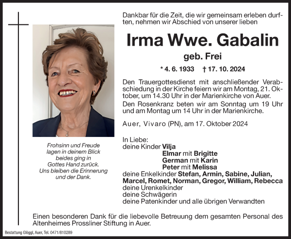 Traueranzeige von Irma Gabalin von Dolomiten