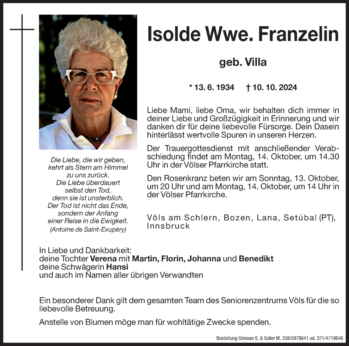  Traueranzeige für Isolde Franzelin vom 12.10.2024 aus Dolomiten