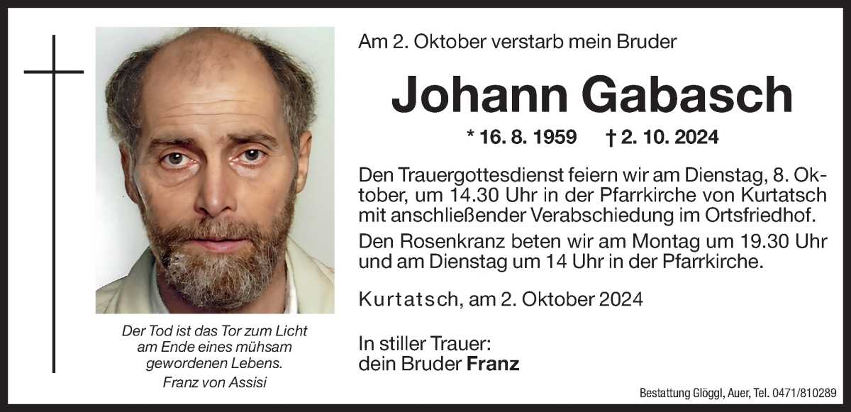  Traueranzeige für Johann Gabasch vom 04.10.2024 aus Dolomiten