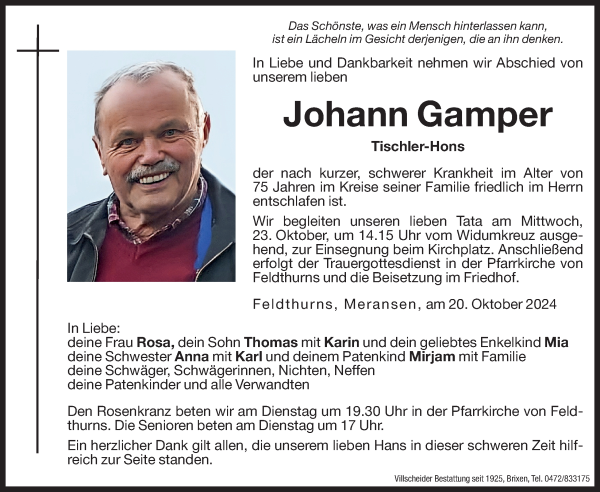 Traueranzeige von Johann Gamper von Dolomiten