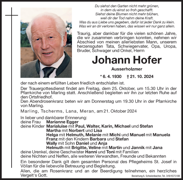 Traueranzeige von Johann Hofer von Dolomiten