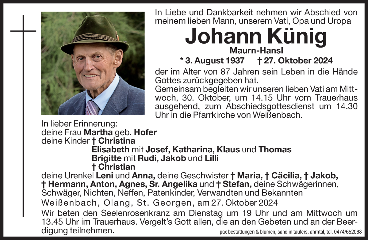  Traueranzeige für Johann Künig vom 29.10.2024 aus Dolomiten