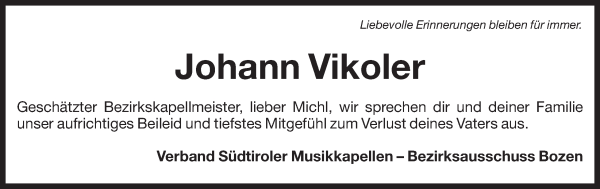 Traueranzeige von Johann Vikoler von Dolomiten