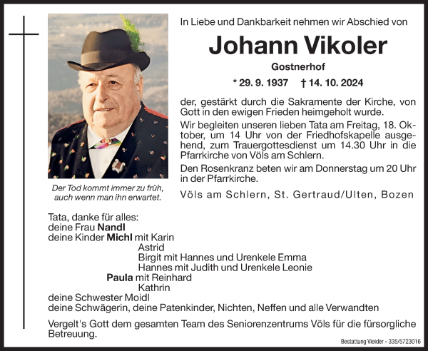 Traueranzeige von Johann Vikoler von Dolomiten