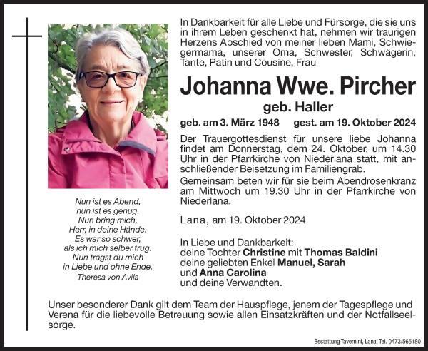Traueranzeige von Johanna Pircher von Dolomiten
