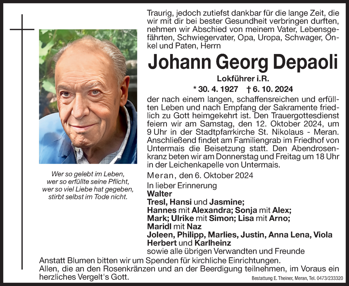  Traueranzeige für Johann Georg Depaoli vom 09.10.2024 aus Dolomiten